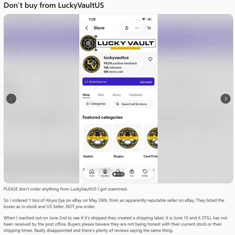 luckyvaultus eBay store profile showing 99.2% positive feedback and 81K items sold