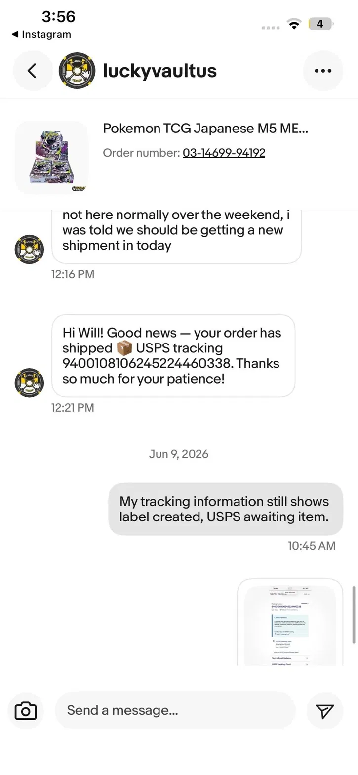 Instagram DM thread showing shipped confirmation followed by stalled tracking status