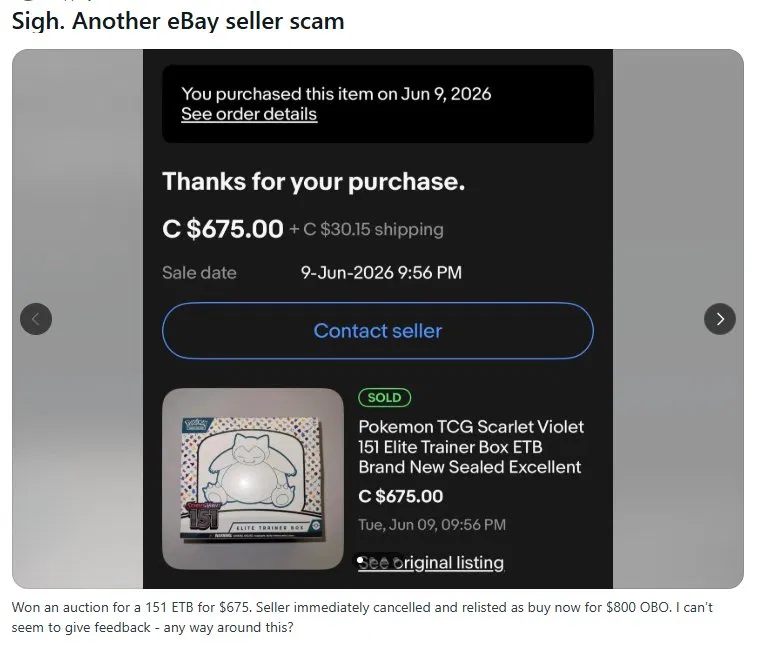 eBay purchase confirmation showing C$675 winning bid