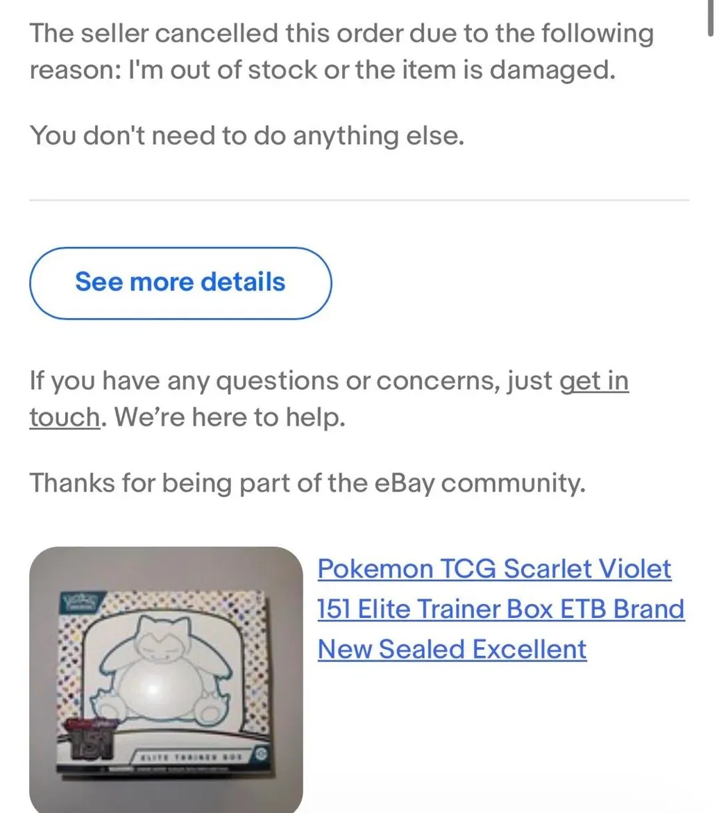 eBay cancellation notice citing out of stock or damaged reason