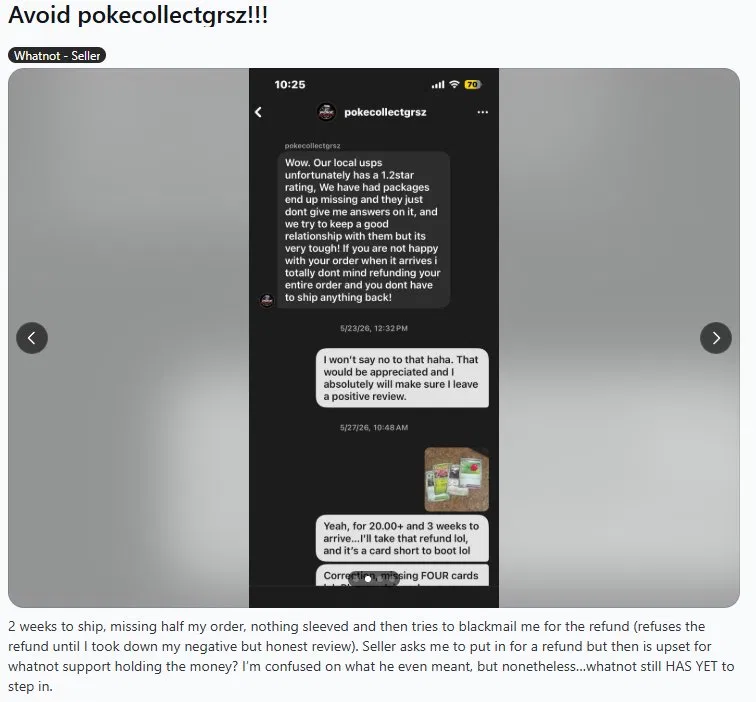 Reddit post detailing the full incident with pokecollectgrsz