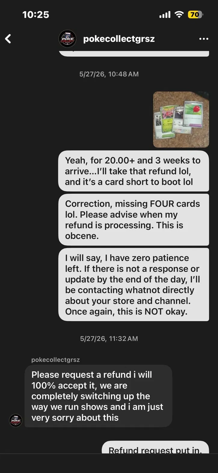 Buyer discovering 4 missing cards and requesting the refund
