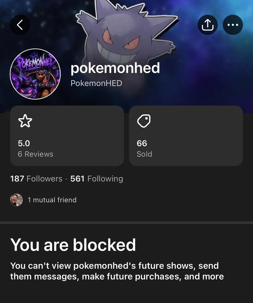 pokemonhed profile showing buyer is blocked from future shows, messages, and purchases