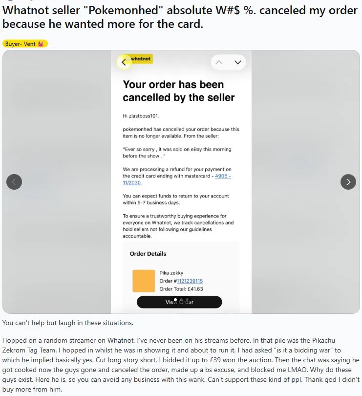 Whatnot cancellation notice citing eBay sale before the show