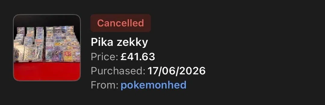 Order details showing Pika zekky cancelled, purchased 17/06/2026 from pokemonhed