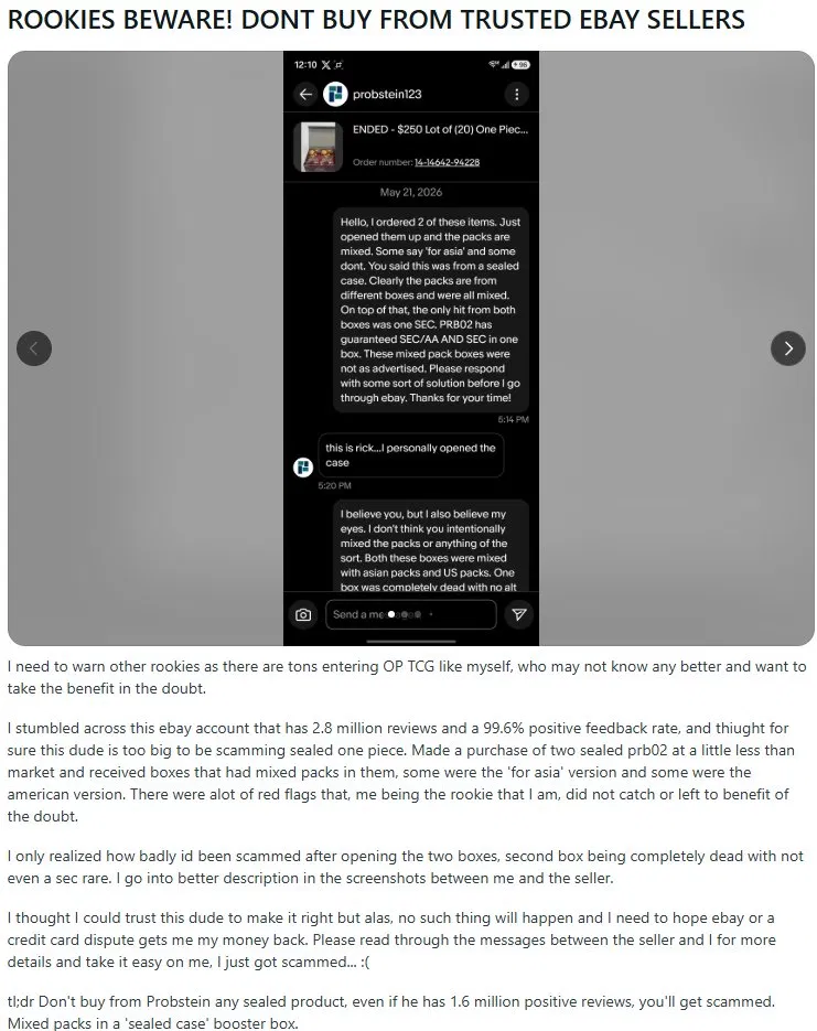 Reddit post by buyer detailing the full incident