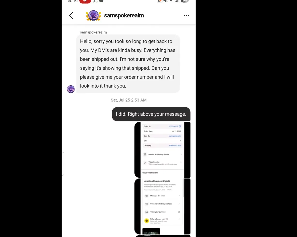 Seller DM claiming everything has been shipped, asking for order number