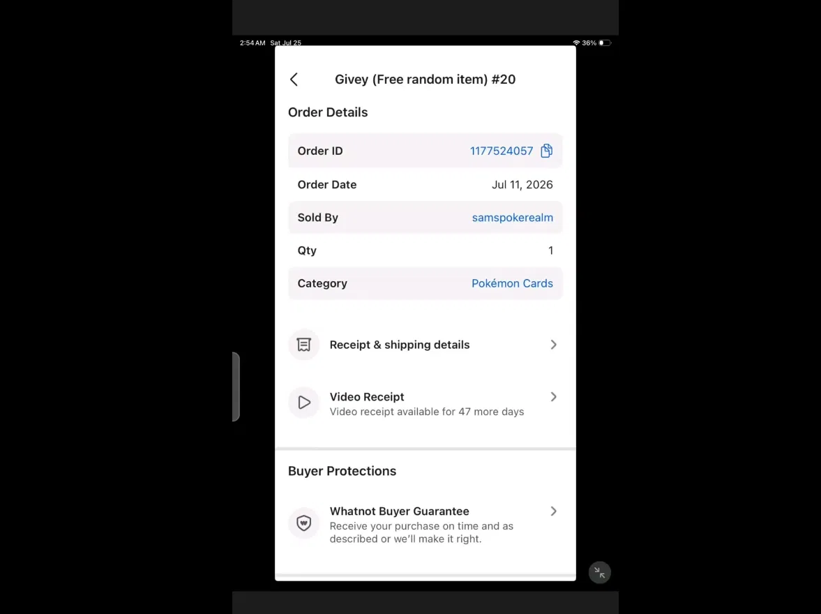 Whatnot order details showing order ID, date, and seller