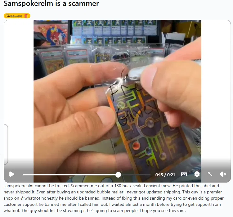 Original Reddit post titled Samspokerealm is a scammer