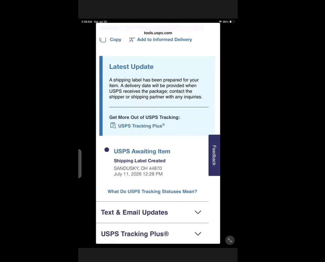 USPS tracking showing only a shipping label created, no delivery date