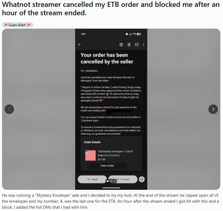 Cancellation email received an hour after the stream ended