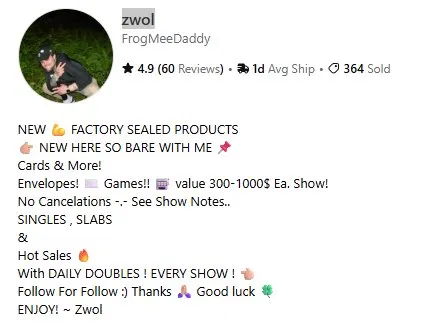 zwol's Whatnot profile showing "No Cancelations" in the bio